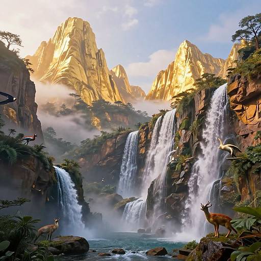 Photorealistic digital painting of a majestic mountain landscape with golden sunlight, cascading waterfalls, and lush greenery, featuring deer and birds in the