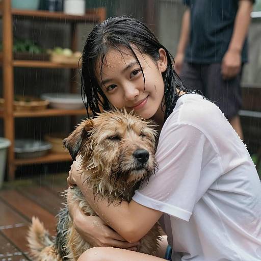 Woman Hugging Wet Dog in the Rain
