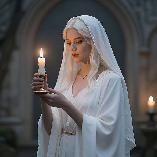 Photograph of a pale-skinned, blonde woman with a white veil, wearing a flowing white robe, holding a lit candle, in a dimly