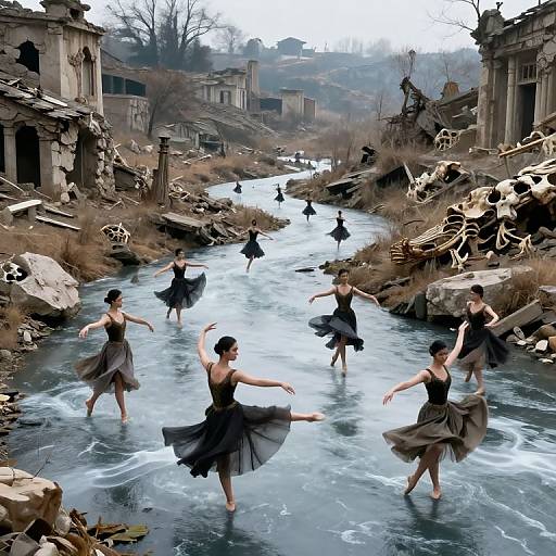 Digital art: Seven ballet-dancing women in black dresses gracefully perform in a ruined, debris-filled river, surrounded by dilapidated buildings.
