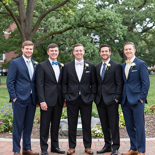 Photograph of five smiling groomsmen in black suits, white shirts, blue bow ties, and boutonnieres, standing on a brick path in