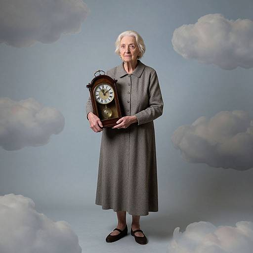 Photograph of elderly woman with white hair, wearing gray dress, holding antique clock, standing on cloudy blue background.