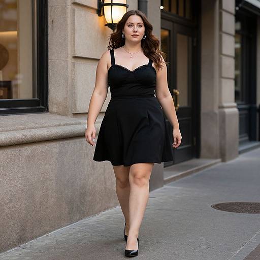 Photograph of a confident, fair-skinned woman with long brown hair, wearing a black sleeveless dress and black heels, walking on a city sidewalk