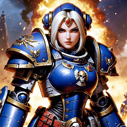 Digital art of a fierce, white-haired woman in blue and gold armor, set against a fiery explosion, with a determined expression.