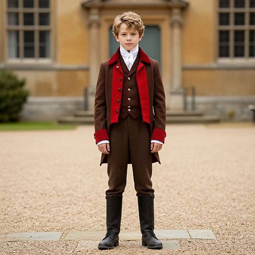 Photograph of a young boy in a Victorian-style brown suit with red velvet lapels, white shirt, black boots, standing on gravel in front of