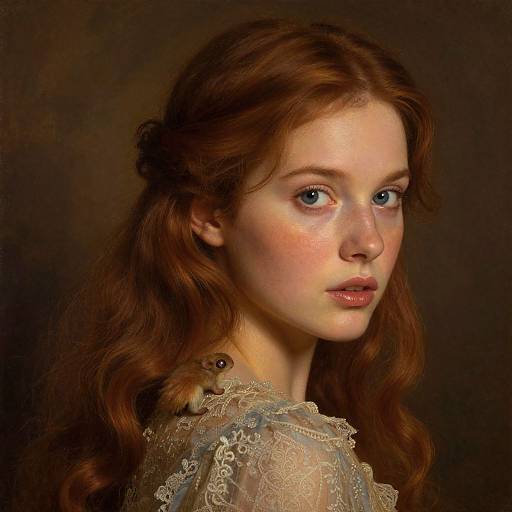 Photorealistic portrait of a young woman with fair skin, blue eyes, and long auburn hair, wearing a lace-trimmed, light