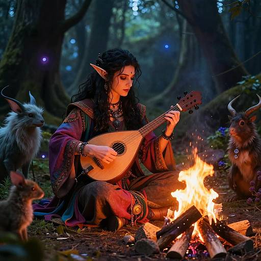 Elven musician with long black hair and pointed ears plays lute by a campfire, surrounded by woodland creatures in a magical forest.