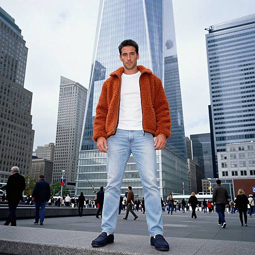 Photograph of a confident man with short black hair, wearing a fuzzy orange jacket, white t-shirt, and light blue jeans, standing in a bustling