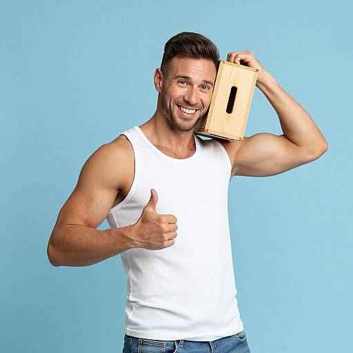 Smiling Muscular Man Lifting Box