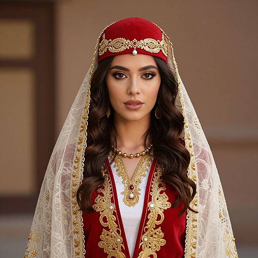 Photograph of a beautiful South Asian woman with long, wavy black hair, wearing a red velvet headscarf with gold embroidery, white lace veil