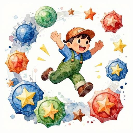 Colorful digital illustration of a cheerful cartoon boy in green overalls and orange cap, jumping with arms raised, surrounded by vibrant red, blue, and