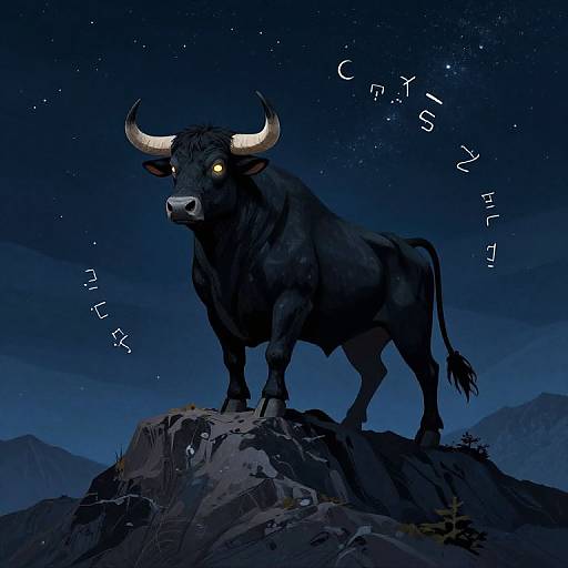 Digital illustration of a black bull with glowing yellow eyes, standing on a rocky mountain at night, under a starry sky. Hebrew letters 