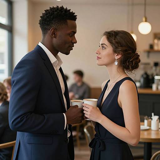 Photograph of a Black man in a black suit and white shirt, standing close to a white woman in a black dress, both holding coffee cups in