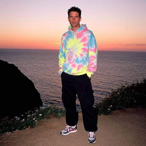 Photograph of a man with short dark hair, wearing a colorful tie-dye hoodie, black pants, and white sneakers, standing against a sunset ocean