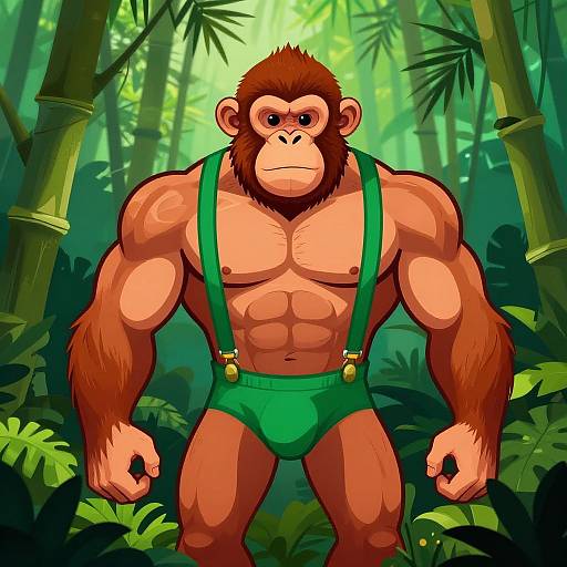 Muscular anthropomorphic monkey in green underwear suspenders, standing in vibrant jungle, cartoon-style digital art, green hues, bamboo background.
