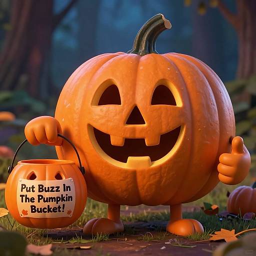 Happy Pumpkin Character in Woods