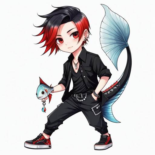 Anime Style Merman with Red and Black Hair