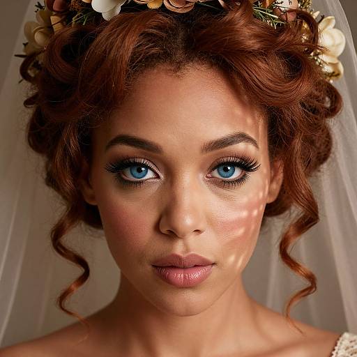 Photograph of a beautiful woman with blue eyes, curly auburn hair, flower crown, and veil, softly lit, wearing subtle makeup.