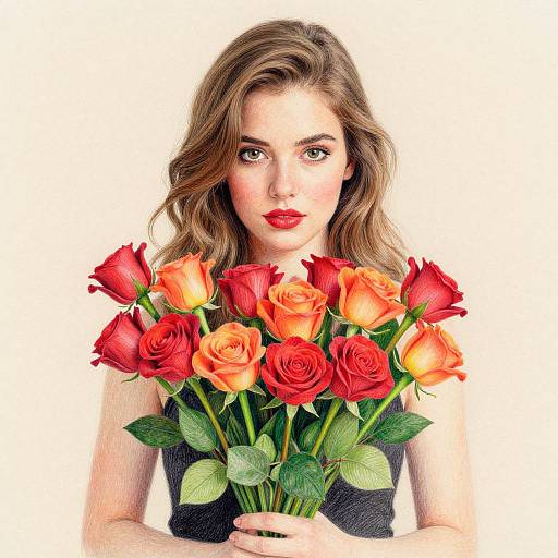 Photograph of a fair-skinned woman with wavy brown hair, red lipstick, and black top, holding a bouquet of red and orange roses against