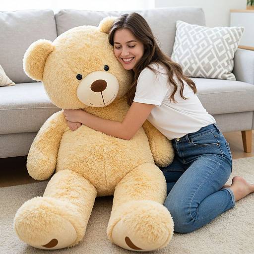 Photograph of a smiling young woman with long brown hair, wearing a white t-shirt and blue jeans, hugging a large beige teddy bear on