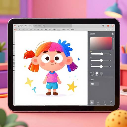 Photograph of a tablet displaying a colorful digital drawing of a cartoon child with orange and blue pigtails, wearing a pink shirt and blue shorts,