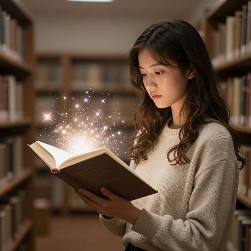 Photograph of an Asian woman with long black hair, wearing a beige sweater, reading a glowing book in a dimly lit library, surrounded by sparkling