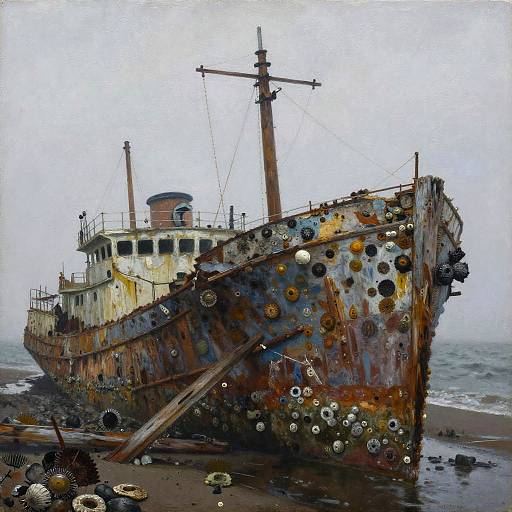 Rust-covered, shipwrecked boat with numerous metal discs and bolts, beached on a foggy, rocky shore, detailed digital painting.