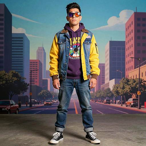 Photograph of a young Asian man with short black hair, wearing a yellow jacket, denim vest, black hoodie, sunglasses, jeans, and black sneakers