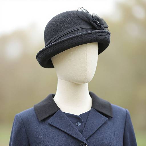 Photograph of a white mannequin head wearing a black, textured cloche hat with a floral embellishment, and a dark blue, buttoned