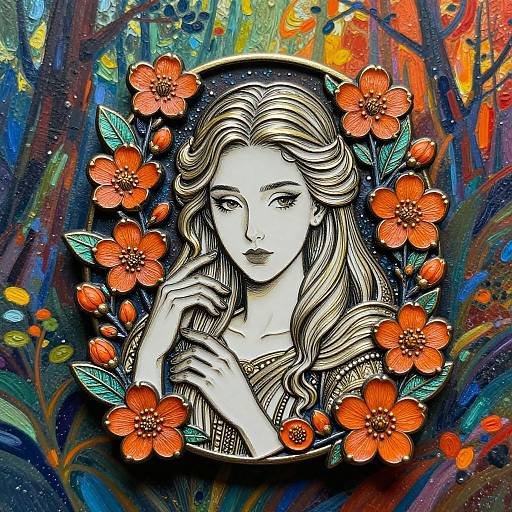 Digital drawing of a serene, white-skinned woman with wavy hair, surrounded by vibrant orange flowers and green leaves, set against a colorful, abstract