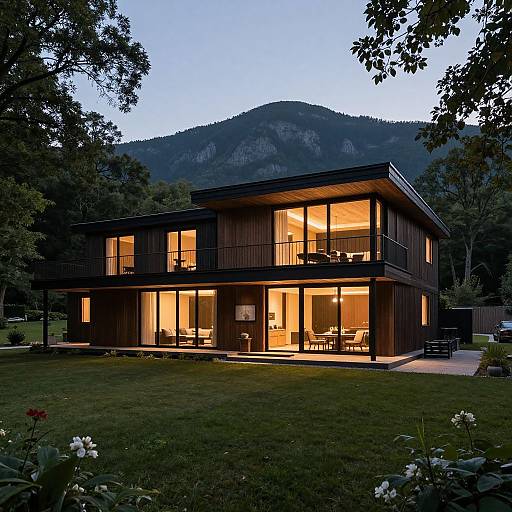 Photograph of a modern, two-story house with illuminated interior, dark exterior, set in a lush garden with mountainous backdrop at dusk.
