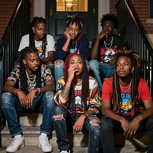 Photograph of six young Black men with dreadlocks, sitting on brick steps at night, wearing colorful graphic T-shirts, ripped jeans, and multiple neck