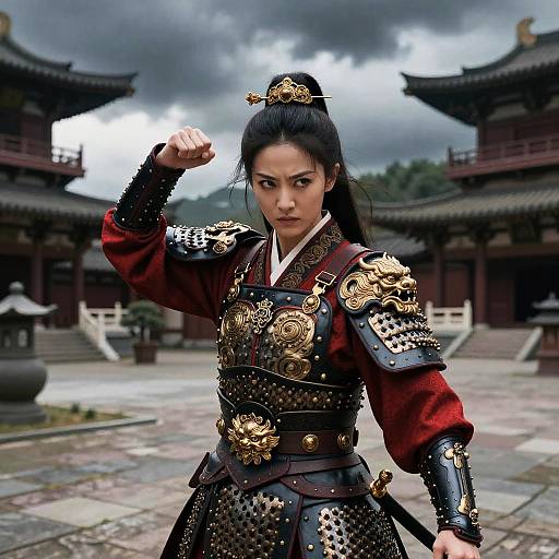 Photograph of an intense Asian warrior woman in elaborate, gold-embellished black armor, red kimono, raising her fist in a courtyard with