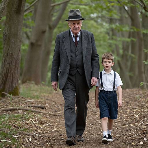 Photograph of an elderly man in a dark suit and hat, walking a young boy in a white shirt and suspenders, through a forest path with