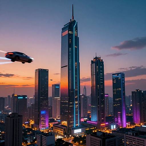 Photograph of a futuristic cityscape at dusk with a tall, illuminated skyscraper in the center, surrounded by glowing buildings, and a speeding car in