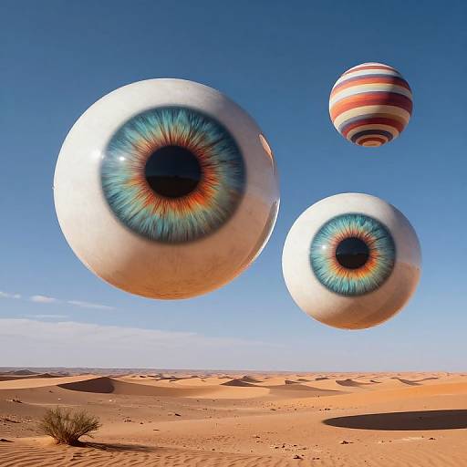 Photograph of three surreal, giant eye-shaped balloons with blue irises floating over a bright, clear desert sky and sandy dunes.