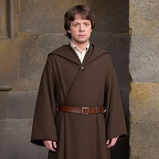Photograph of a young Caucasian boy with brown hair, wearing a dark brown, belted cloak and white shirt, standing against a stone wall backdrop.
