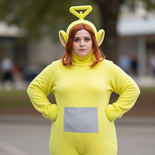 Photograph of a young woman with red hair in a yellow, fuzzy Pikachu costume with hands on hips, standing outdoors.