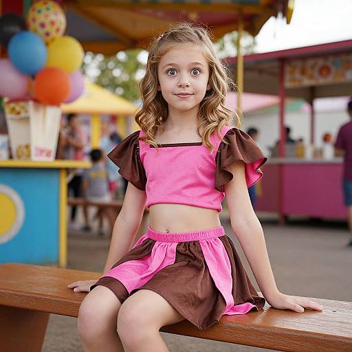 Photograph of a young girl with wavy blonde hair, wearing a pink and brown dress, sitting on a wooden bench at a colorful carnival.