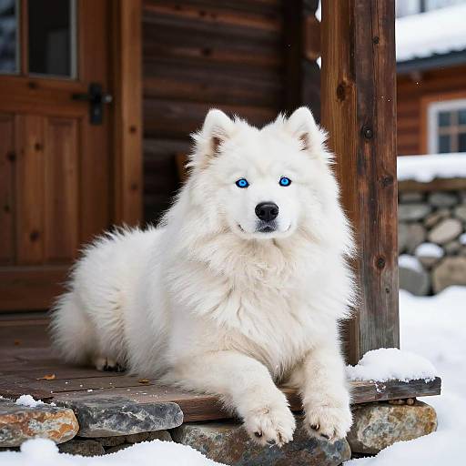 Fluffy Samoyed on Snowy Cabin Porch