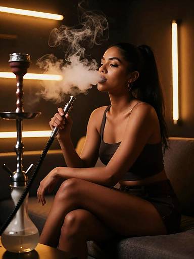 Woman Smoking Shisha in Moody Night Interior