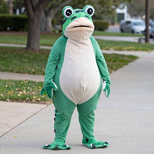 Photograph of a person in a green and white frog costume with large eyes, standing on a suburban sidewalk.