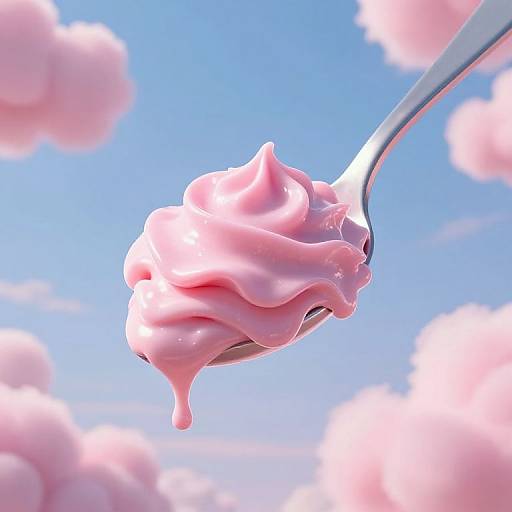Photorealistic CGI of a pink swirl of ice cream on a silver spoon, set against a bright blue sky with fluffy pink clouds.