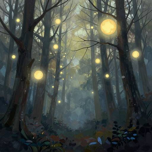 Digital painting of a misty forest with tall, dark trees and glowing, yellow lantern-like orbs floating among the branches.