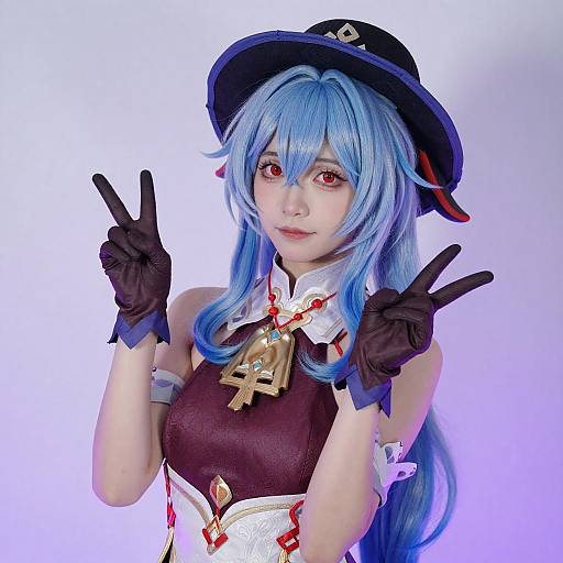 Anime Cosplayer with Blue Hair Peace Sign