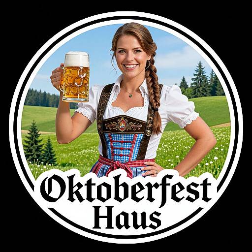 Photograph of a smiling woman in traditional Bavarian dress holding a foamy beer mug, set against a green meadow with trees, enclosed in a
