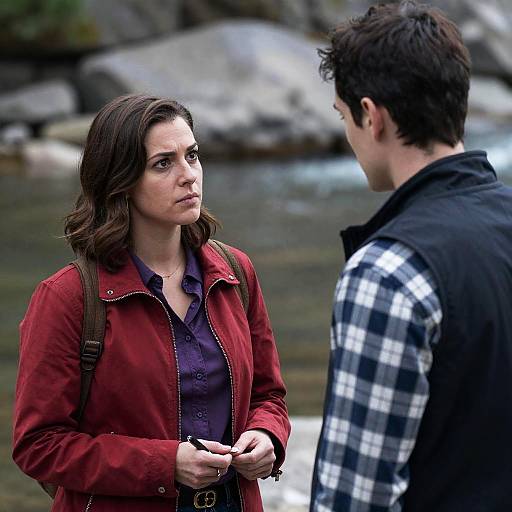 Two People Conversing Outdoors by Rocky Riverbank
