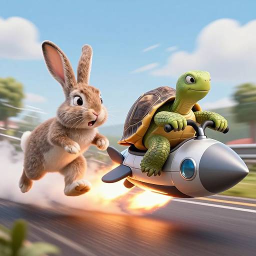 CGI image of a brown rabbit and green turtle racing on a rocket car, with the rabbit mid-leap behind, bright blue sky background.