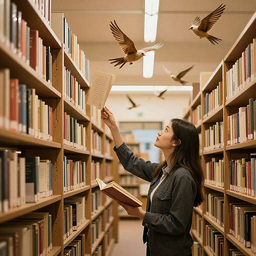 Photograph of an Asian woman with long black hair, wearing a denim jacket, reading a book in a library with wooden shelves, surrounded by flying birds