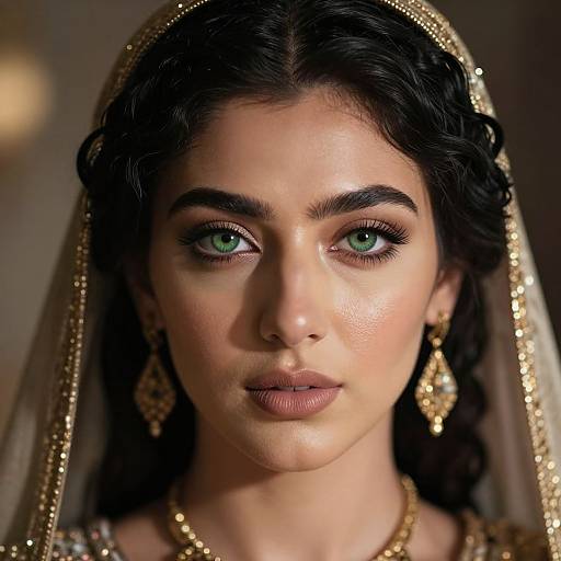 Photorealistic portrait of a young woman with green eyes, dark wavy hair, adorned in gold jewelry and a sheer veil.